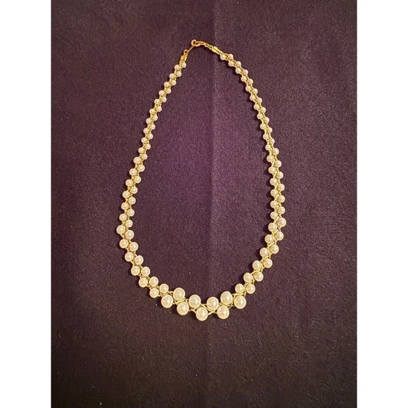 Vintage Faux Pearl Graduated Collar Necklace Gold Tone Braided Chain Bridal Bib - Picture 3 of 4